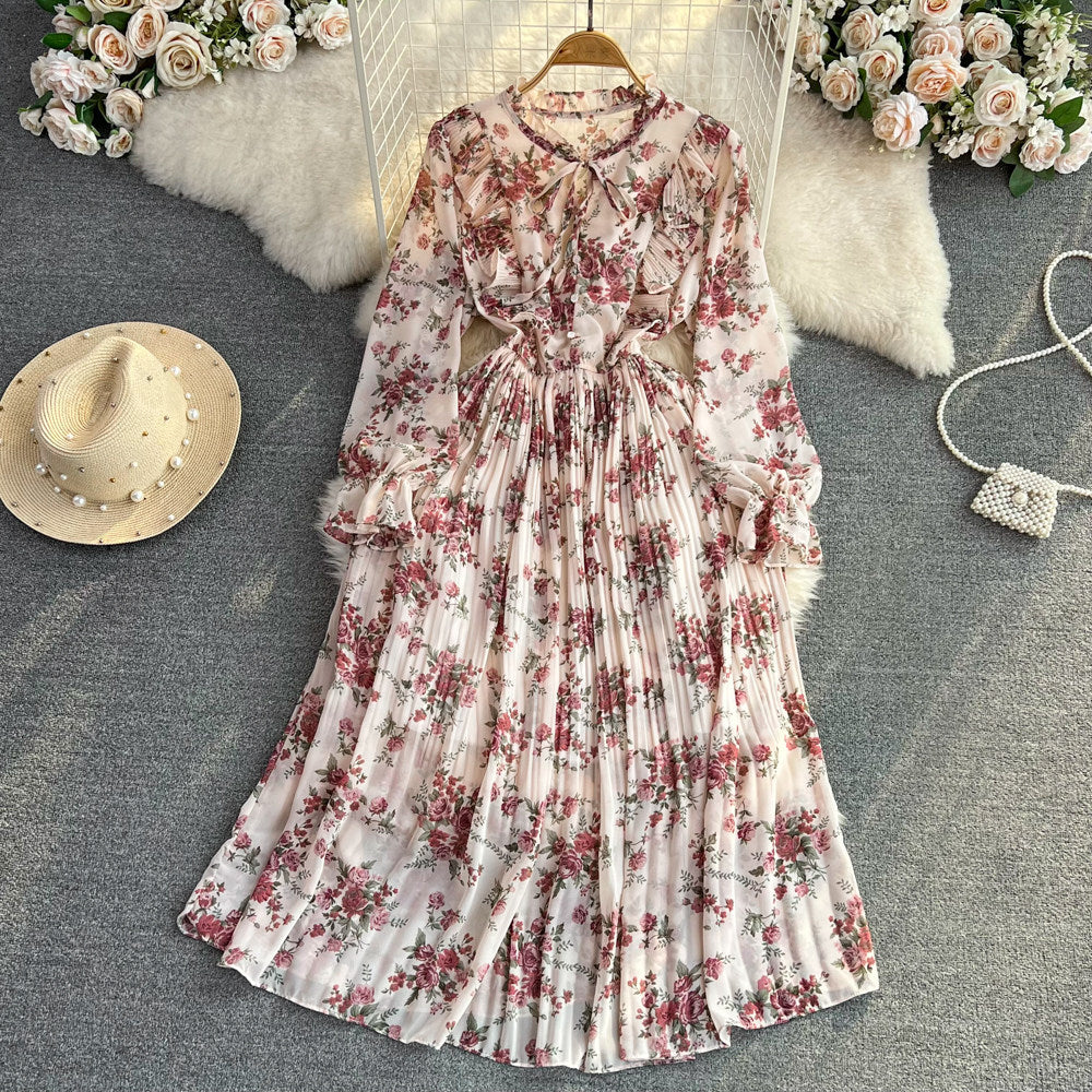 Womens Casual Round-neck Chiffon Dress With Ruffled Trim And Floral Print – Premium 0 | RICALOUX