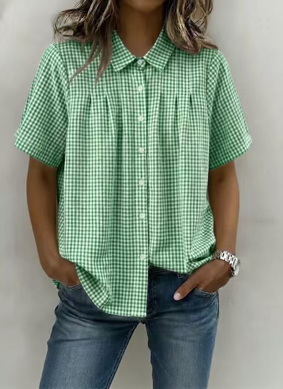 Womens Relaxed-fit Casual Lapel-neck Plaid Short-sleeve Shirt by Ricaloux