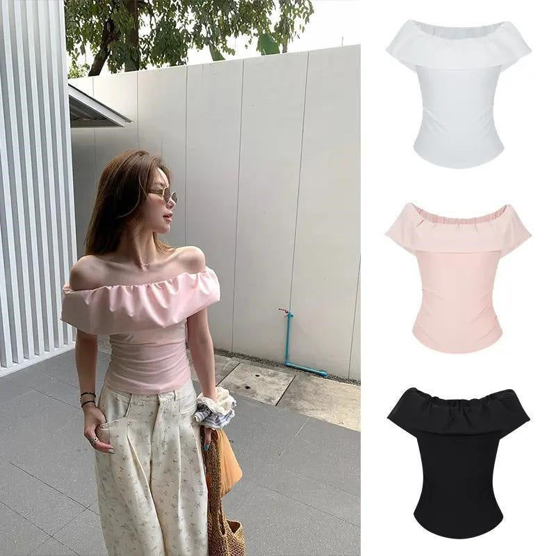 Stunning Pink Off-shoulder Top With A Boat Neckline And Ruffled Short Sleeves by Ricaloux