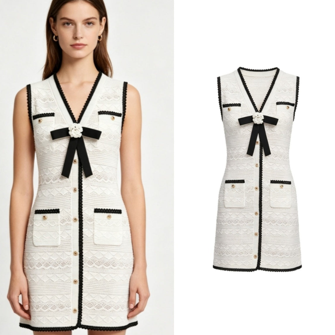 Bow-tie Contrast-color Hollow-out Sleeveless V-neck Dress For Women by Ricaloux