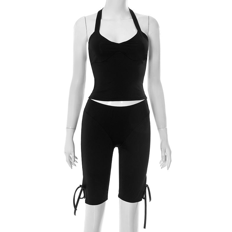 Womens Halterneck Strapless Tube Top And Bow-Knot Pants Solid-Color Set by Ricaloux