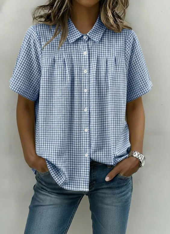 Womens Relaxed-fit Casual Lapel-neck Plaid Short-sleeve Shirt by Ricaloux