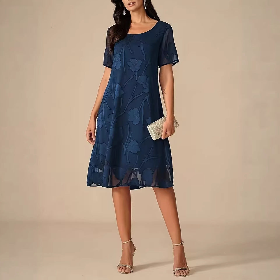 Womens SpringSummer Solid-Color Crew-Neck Short-Sleeve Slim-Fit Dress – Premium 0 | RICALOUX