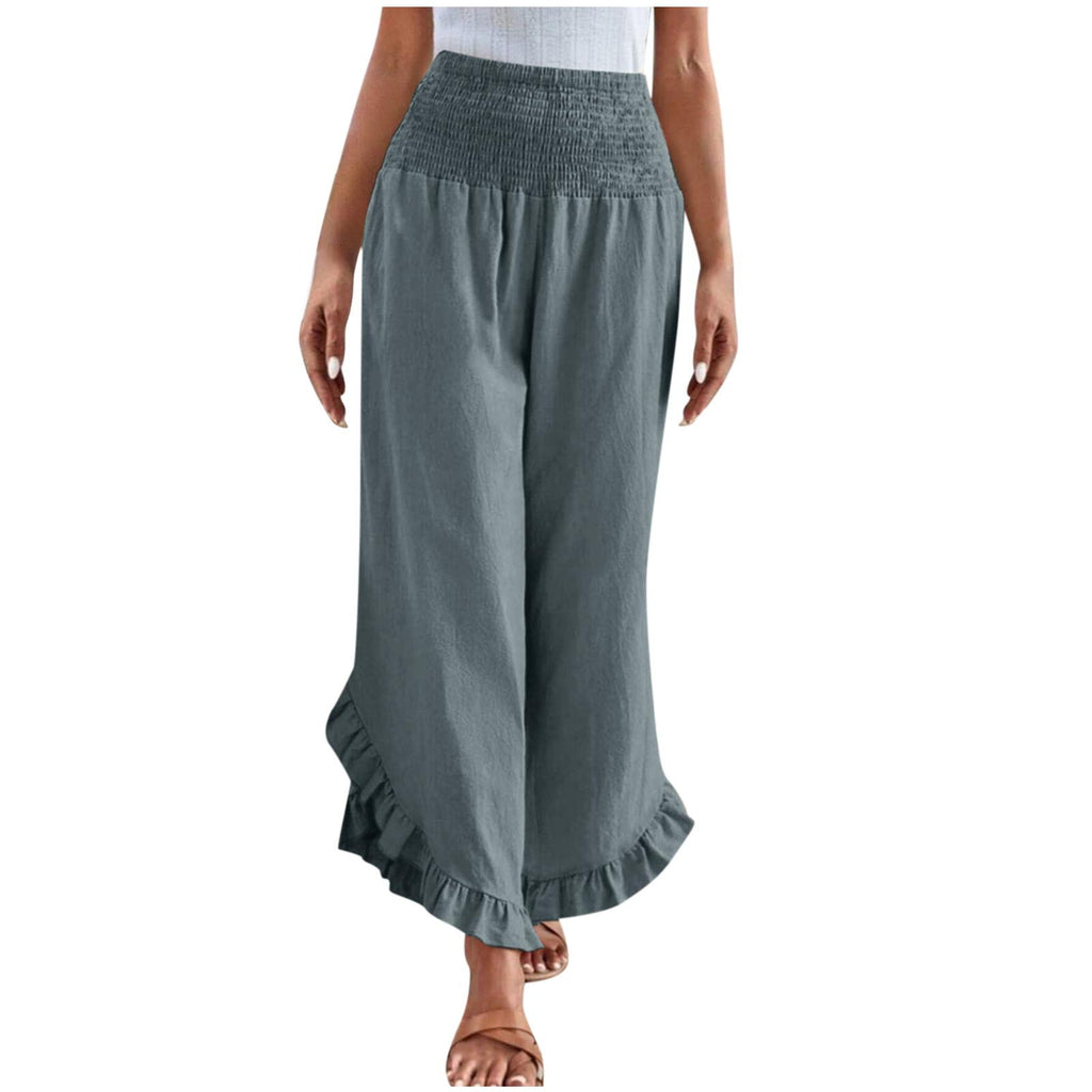 Womens High-waisted Asymmetrical-hem Cotton-linen Relaxed-fit Casual Pants – Premium 0 | RICALOUX