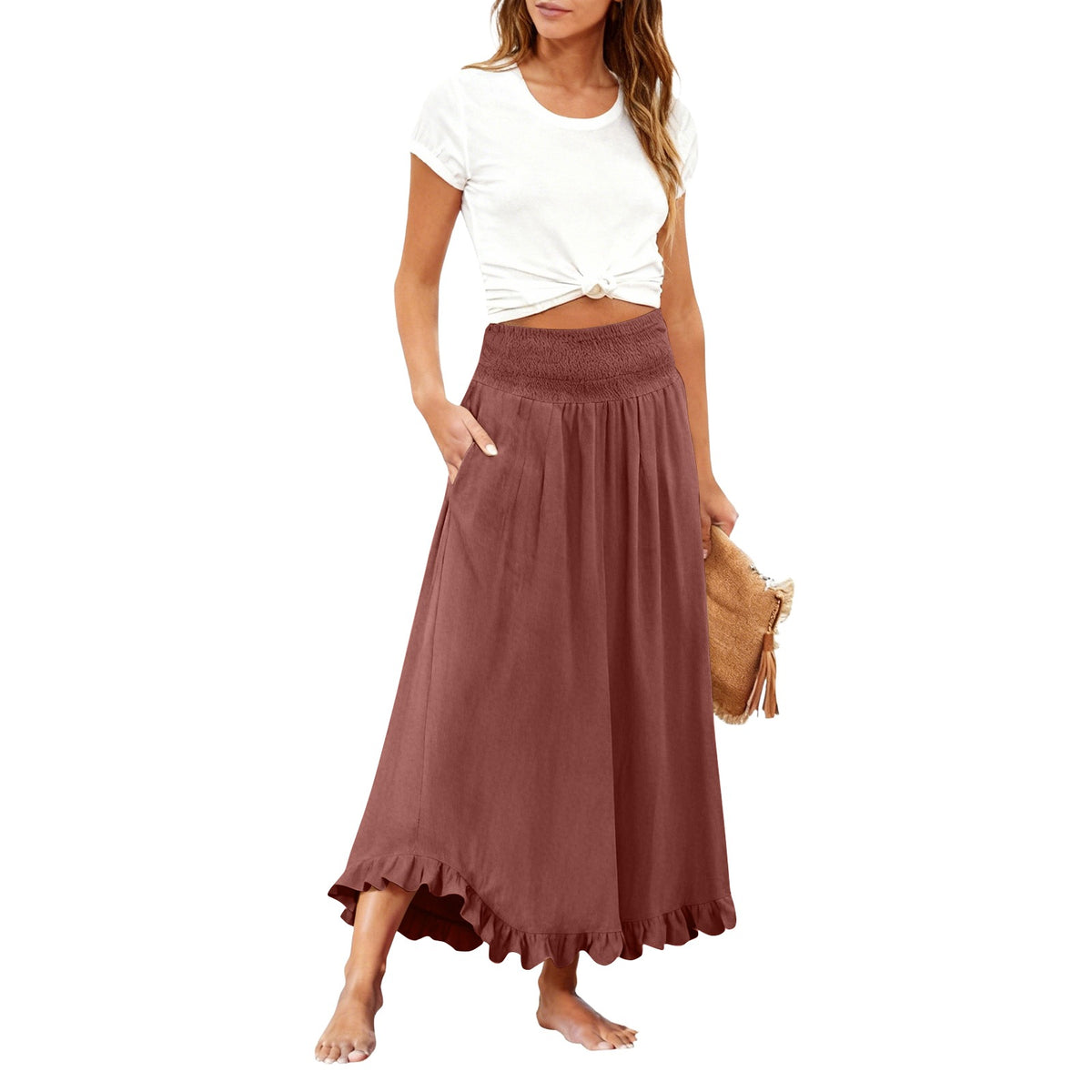 High-waisted Elastic-waist Long Skirt With Ruffled Hem by Ricaloux