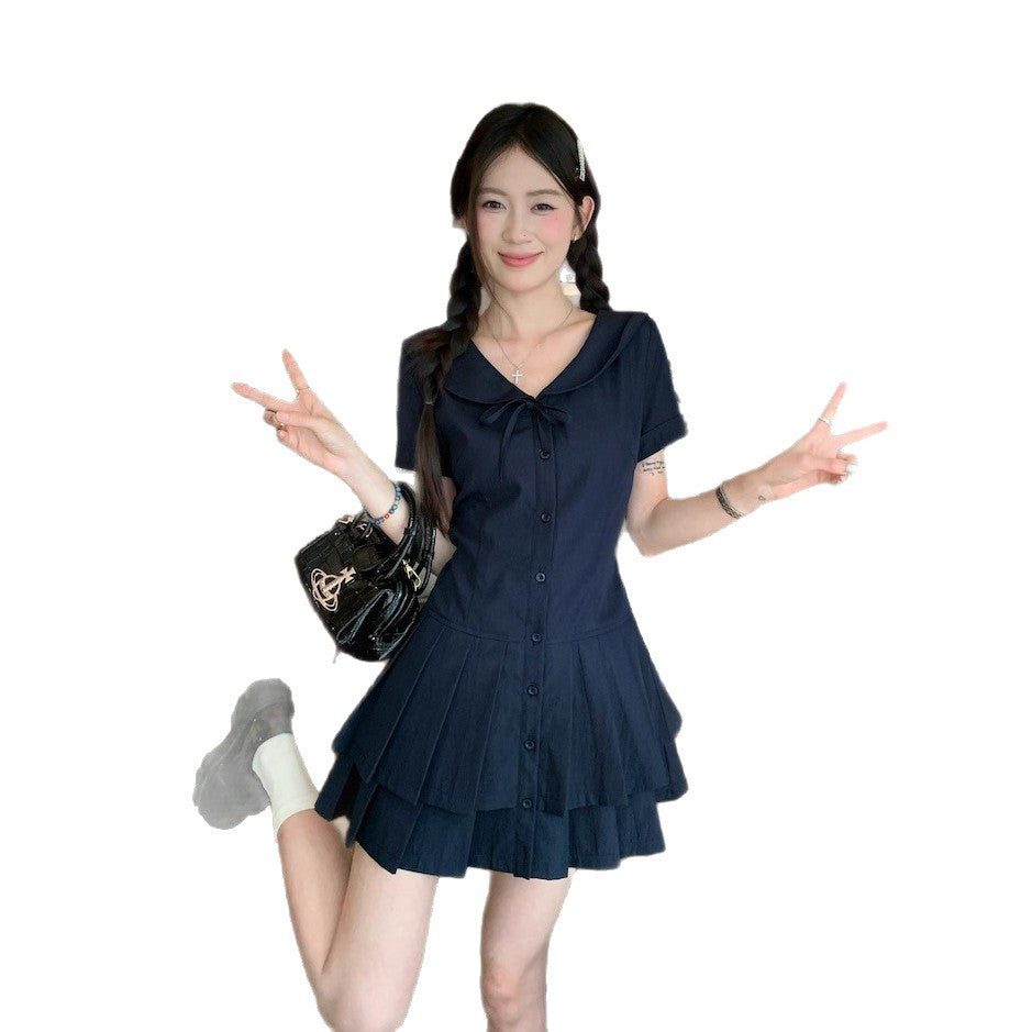 Navy Blue Doll-collar Short-sleeve Dress by Ricaloux
