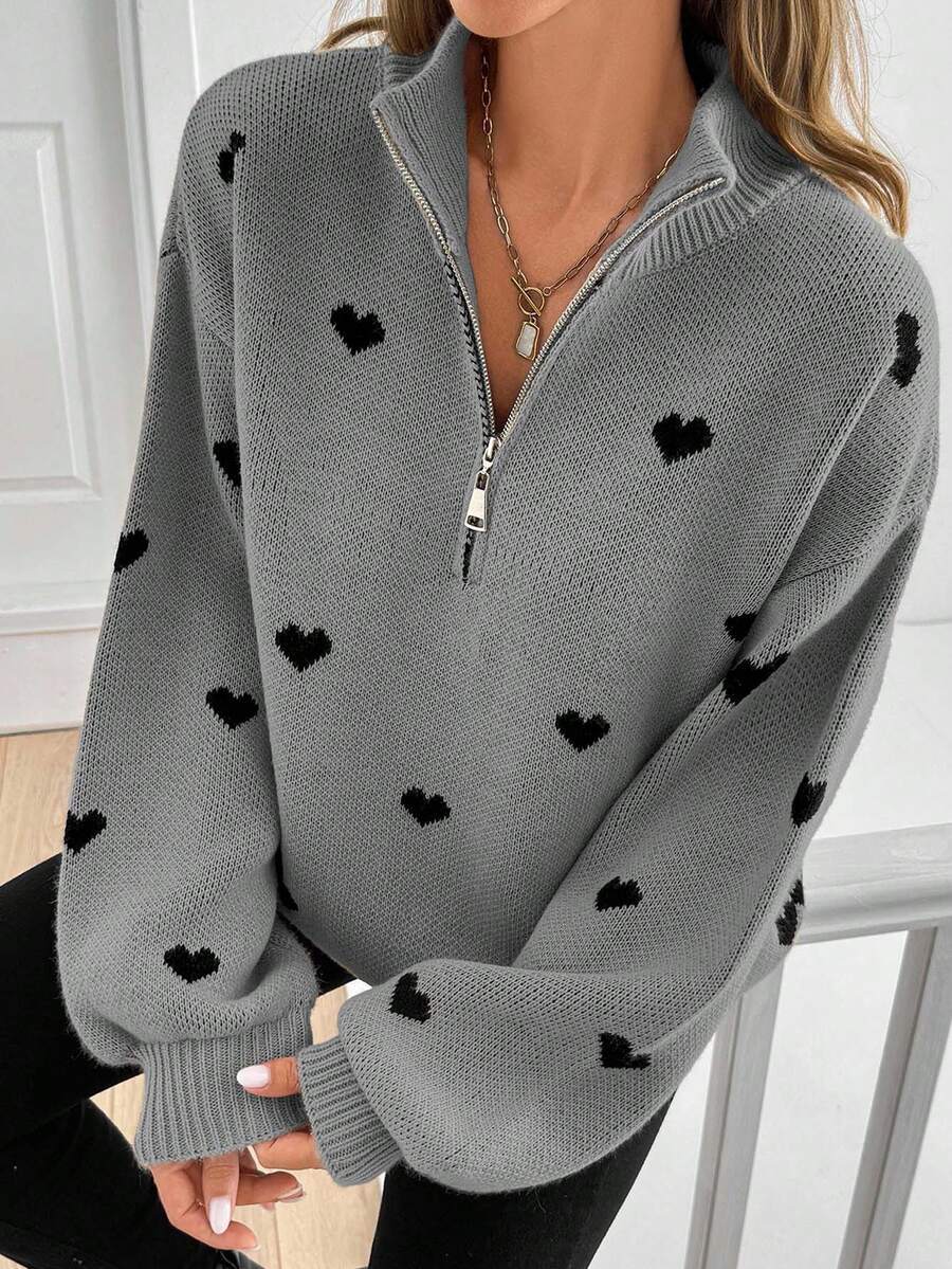 Womens Knitted Long-sleeve Sweater With A Heart-pattern Zipper – Premium 0 | RICALOUX