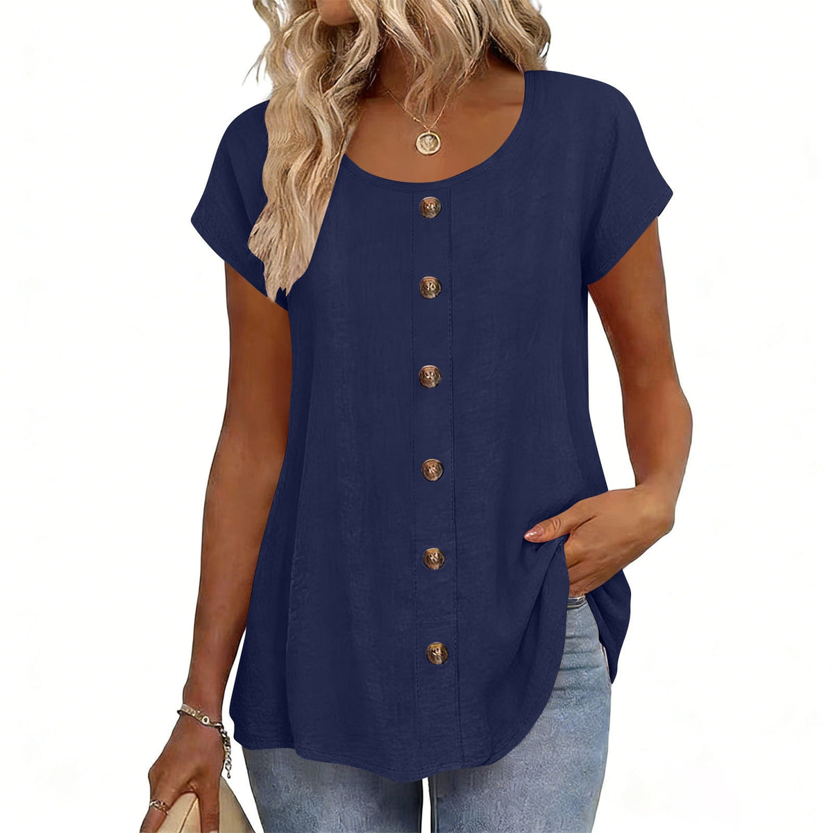 Womens Elegant And Fashionable Solid-color Round-neck Short-sleeve Top by Ricaloux