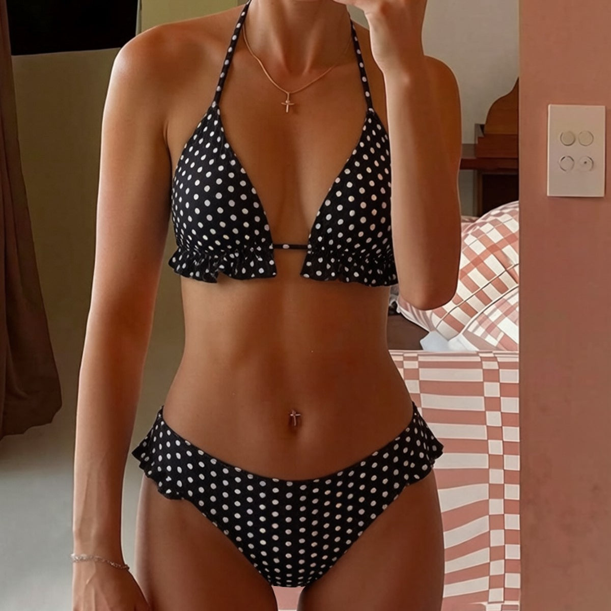 Ruffled Vintage Polka-Dot Swimsuit Two-Piece Set by Ricaloux