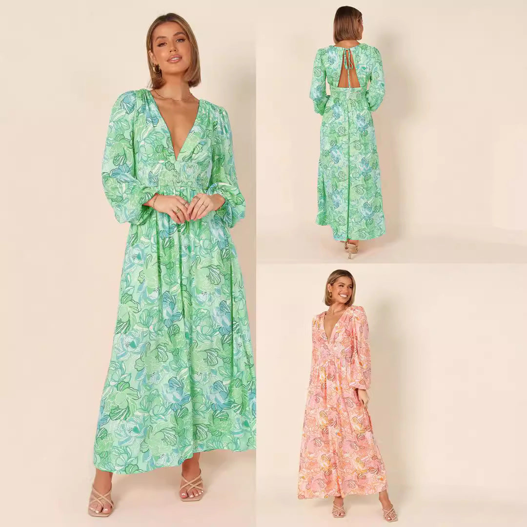 Printed Backless Deep-V Sexy Best-selling Long-sleeve Dress – Premium 0 | RICALOUX