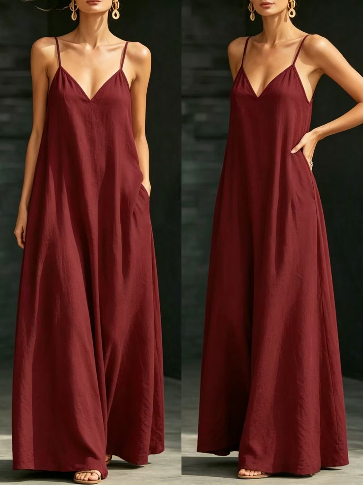 Summer V-Neck Spaghetti Strap Flowy Maxi Dress - Casual Fashion Solid Color Long Dress For Women Vaction Dress – Premium 4 | RICALOUX