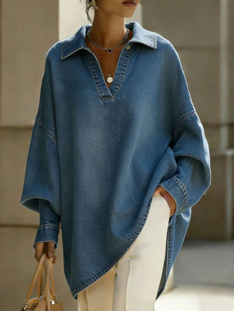 Women's Loose-fitting Casual Denim Shirt For Commuting by Ricaloux