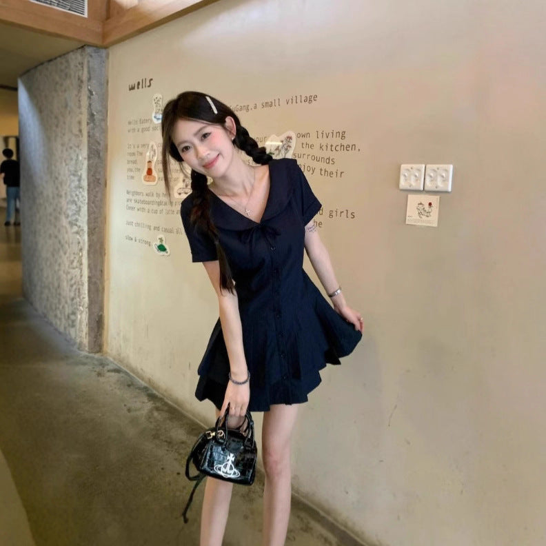 Navy Blue Doll-collar Short-sleeve Dress by Ricaloux