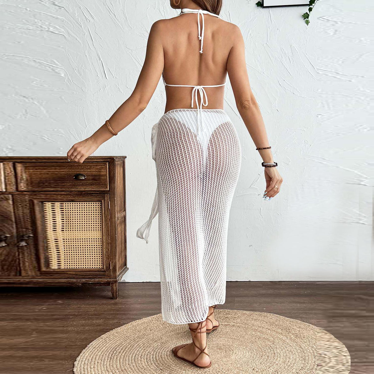 Women Hand Crochet 2 Piece Bikini Cover Up Set, 3D Floral Hollow Out Halter Bikini Top & Side High Slit Mesh Maxi Skirt, Sheer See Through Knit Beach Swim Outfit For Pool Vacation – Premium 4 | RICALOUX