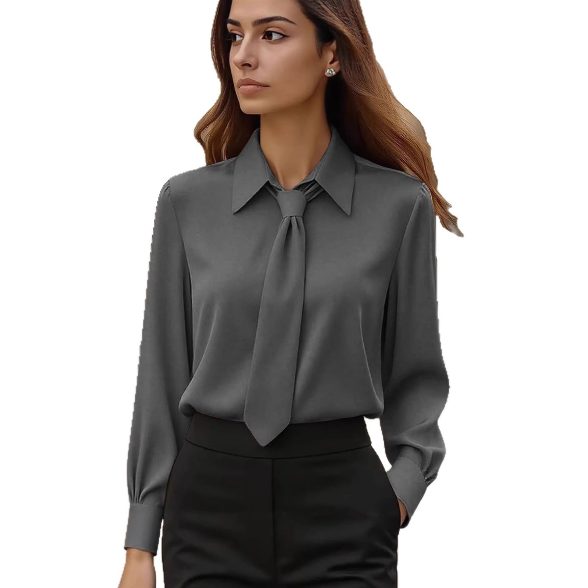 Womens Solid-Color Casual Tie Long-Sleeve French-Collar Shirt by Ricaloux