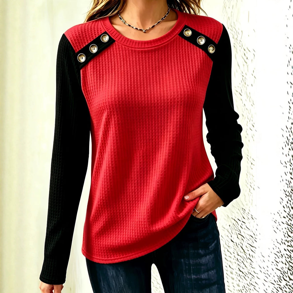 FallWinter Crew-neck Patchwork Waffle-knit Long-sleeve Top by Ricaloux