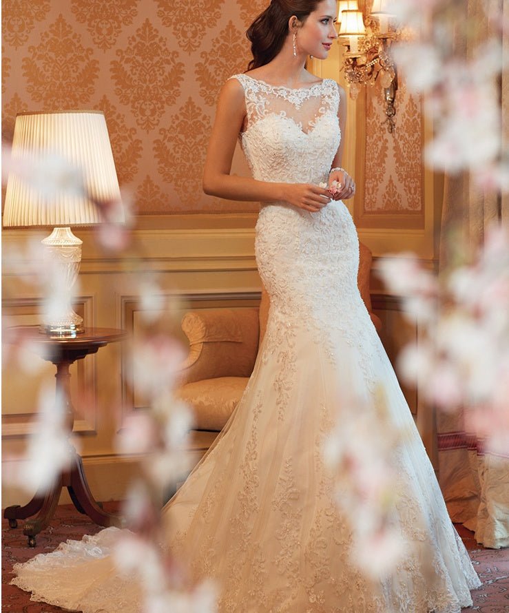 Fishtail Wedding Dress Sleeveless Lace Evening Dress - RICALOUX