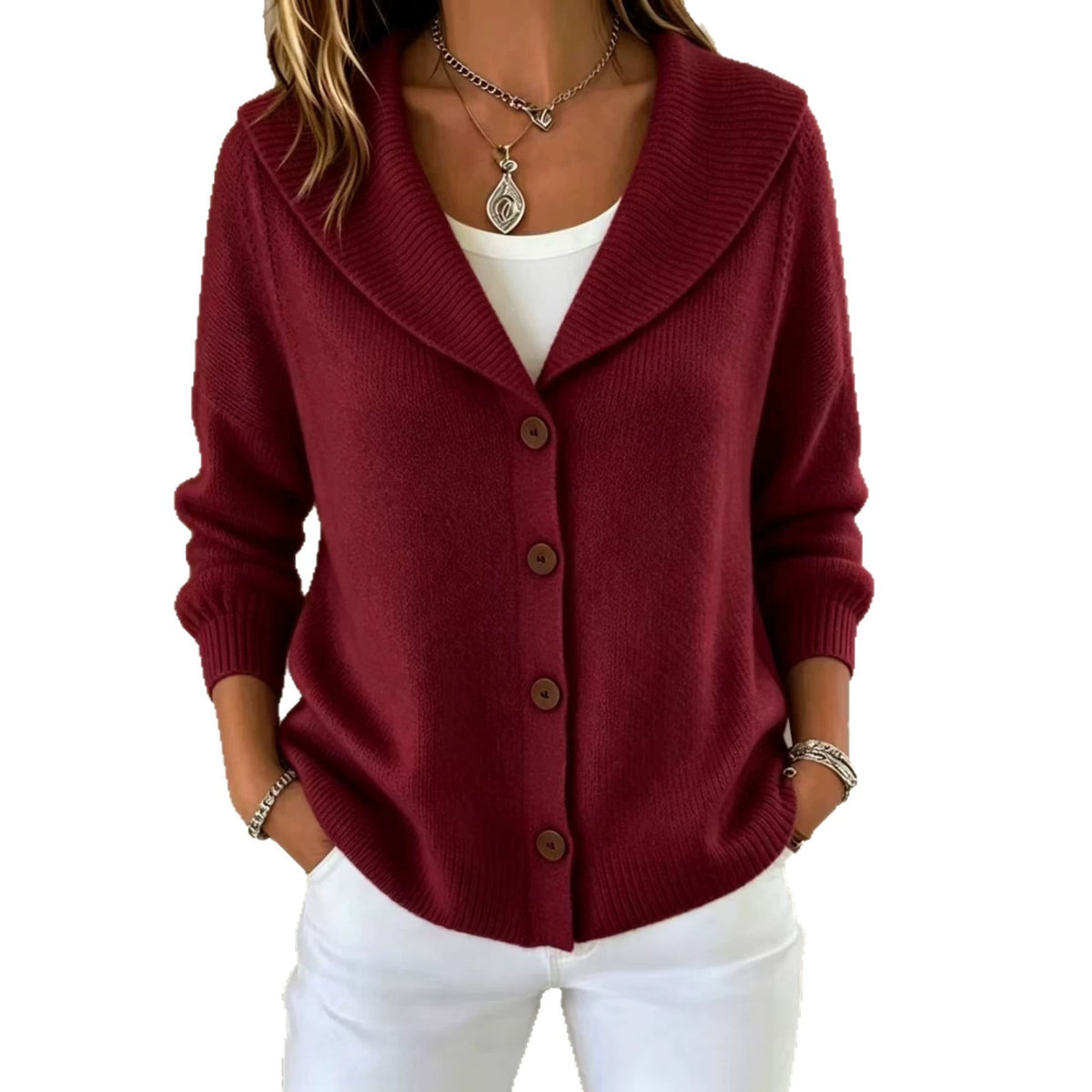Womens Knitted Button-up Polo-neck Sweater by Ricaloux
