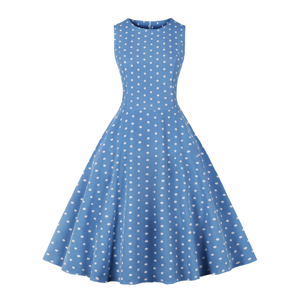 Retro Summer Round-neck Sleeveless A-line Dress With A Small Polka-dot Print And A Slim Fit by Ricaloux