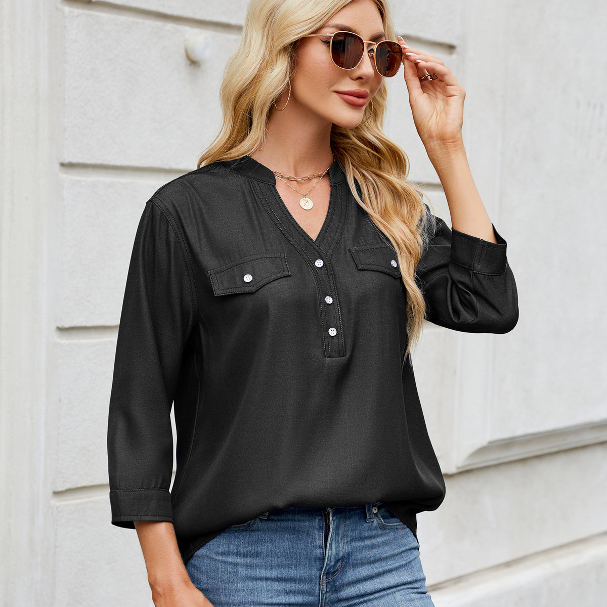 Casual Loose-fit Faux Denim Long Shirt by Ricaloux