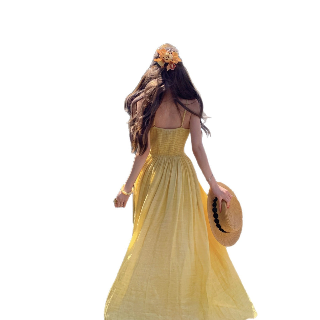 Stunning Yellow V-neck Tea-length Strap Dress For Summer by Ricaloux