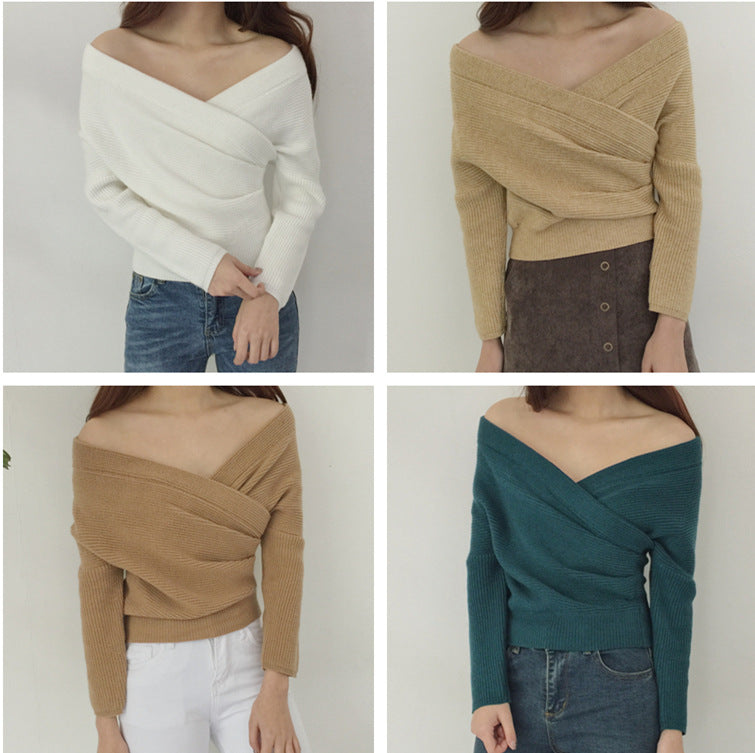 Womens Slim-Fit Knitted Sweater With A Cross V-Neck – Premium 0 | RICALOUX