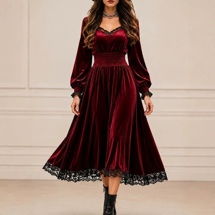 Casual Autumn Lace-Patchwork Velvet Evening Dress by Ricaloux
