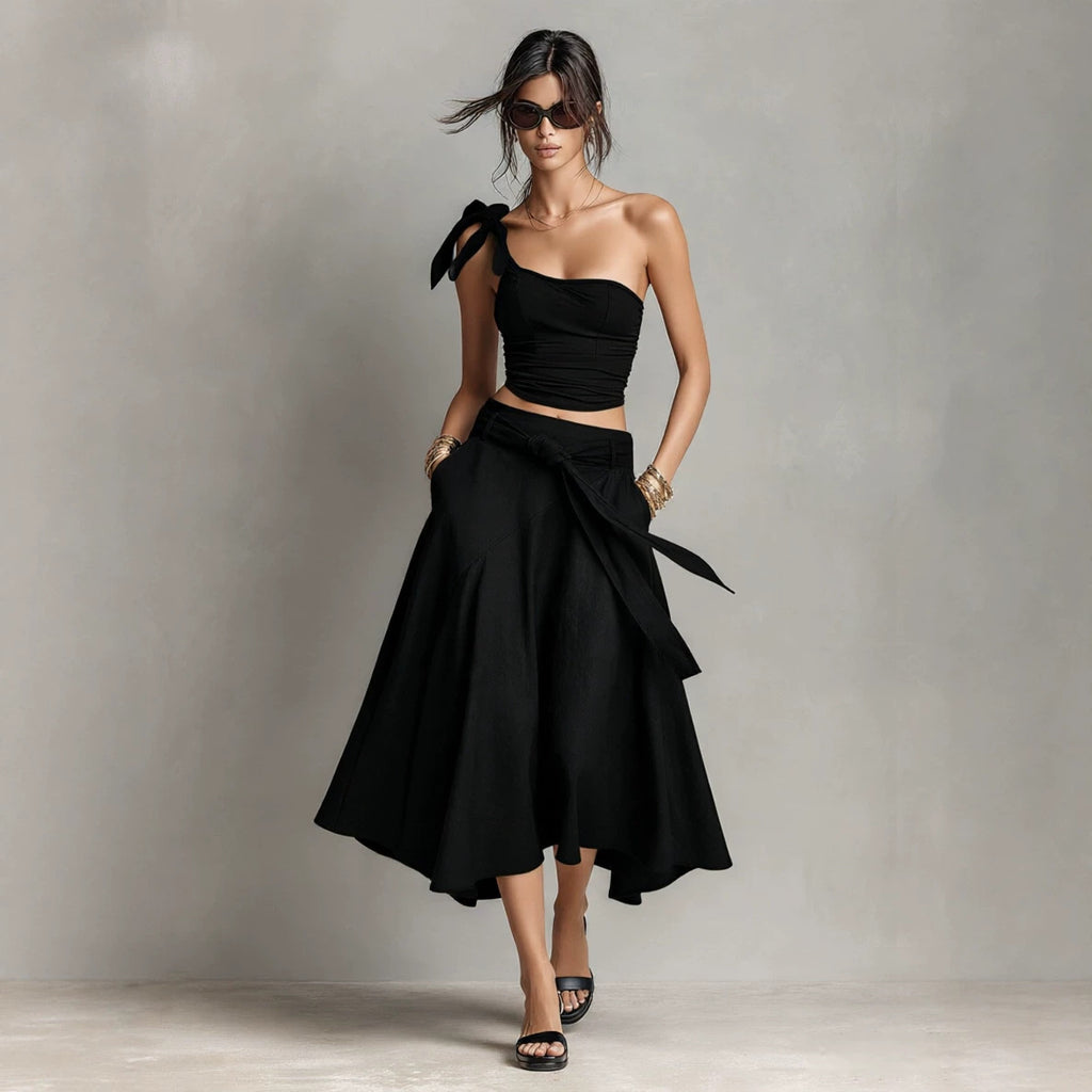 Off-Shoulder Strap Top With Slanted Shoulders High-Waisted A-Line Long Skirt Womens Set – Premium 0 | RICALOUX