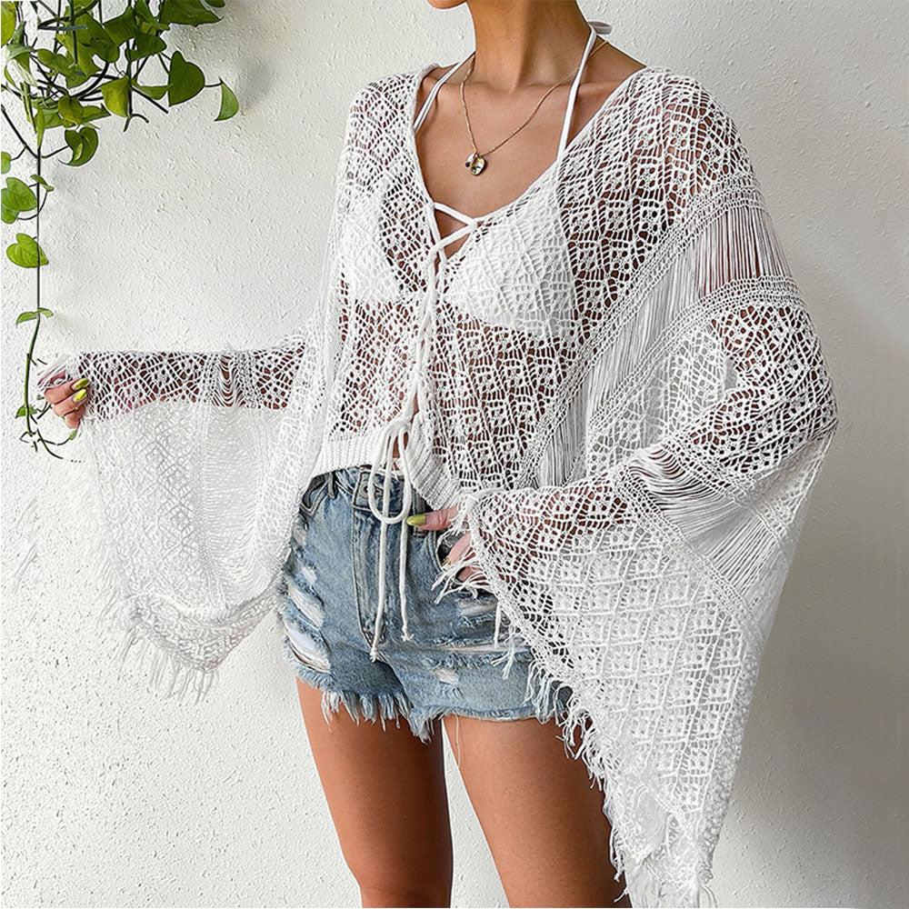 New Cross-Border Seashell Pattern Beach Cover Up, Fringe Flare Sleeve Sun Protection Shirt, Bikini Outerwear For European & American Market by Ricaloux