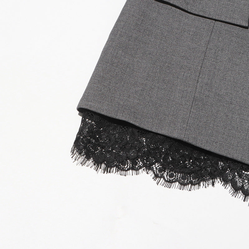 Elegant Grey Blazer Featuring A Lace-paneled Embroidered Lapel by Ricaloux