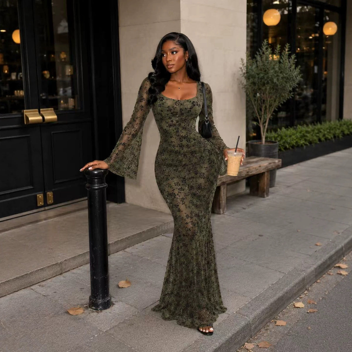 Flocked-print Slimming Flared Long-sleeve Dress by Ricaloux