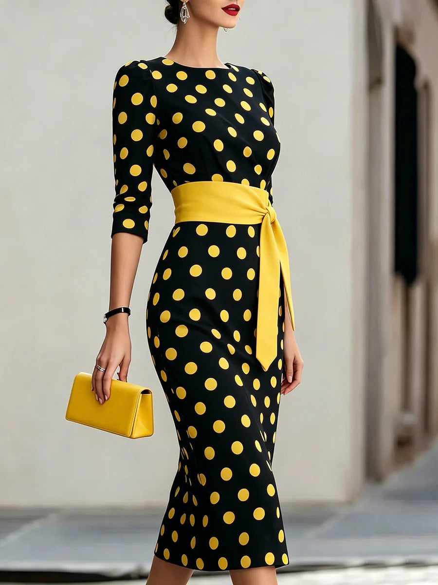 Women Elegant Black White Polka Dot Midi Dress With Waist Belt Three-Quarter Sleeve O Neck Pencil Bodycon Formal Work Office Party Dress by Ricaloux