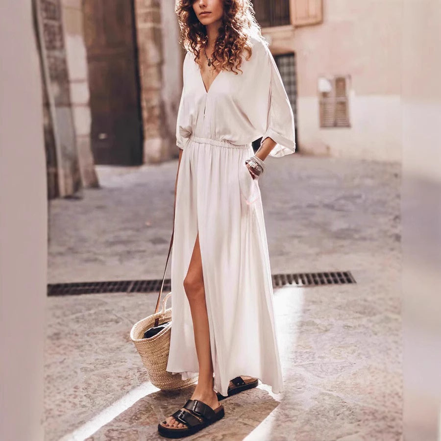 Solid-color Mid-length Wrap Dress With A High Slit And A Defined Waist – Premium 0 | RICALOUX