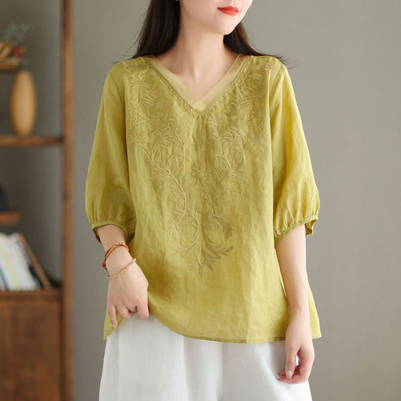 Embroidered Casual Versatile Lightweight High-end Cotton-linen Shirt by Ricaloux