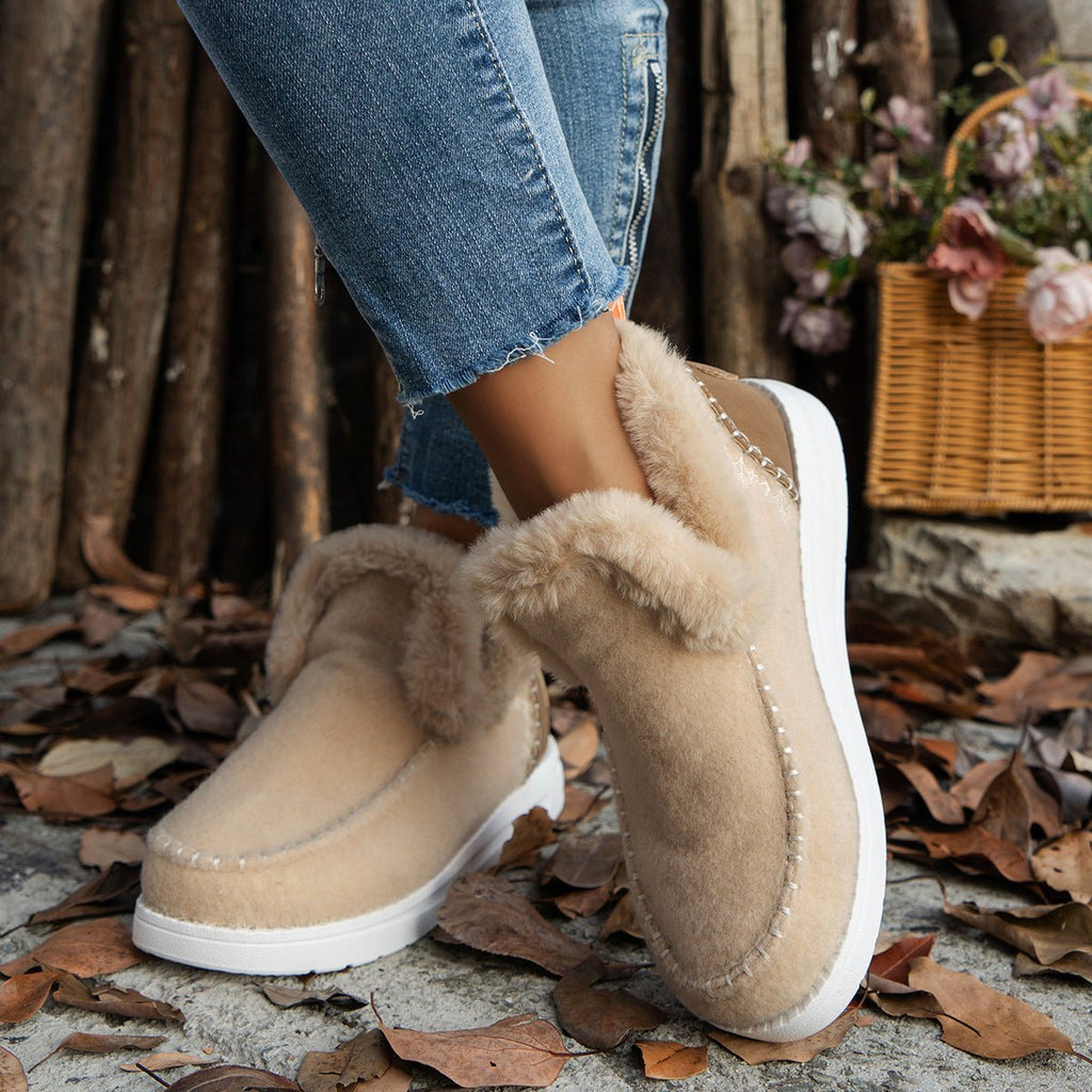 Fleece-lined Thick Plush Boots Warm Sewing Flat Cotton Shoes Winter Ankle Boot - RICALOUX