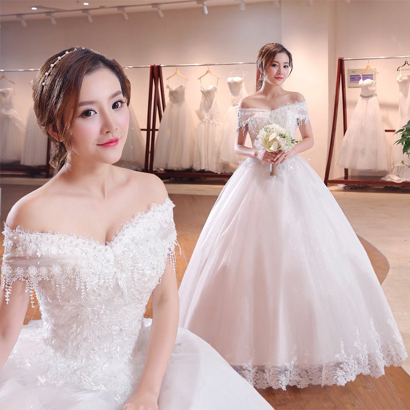 Shoulder-to-shoulder Wedding Dress Bridal Lace Plus Size Thin Shoulder Wedding Dress - RICALOUX