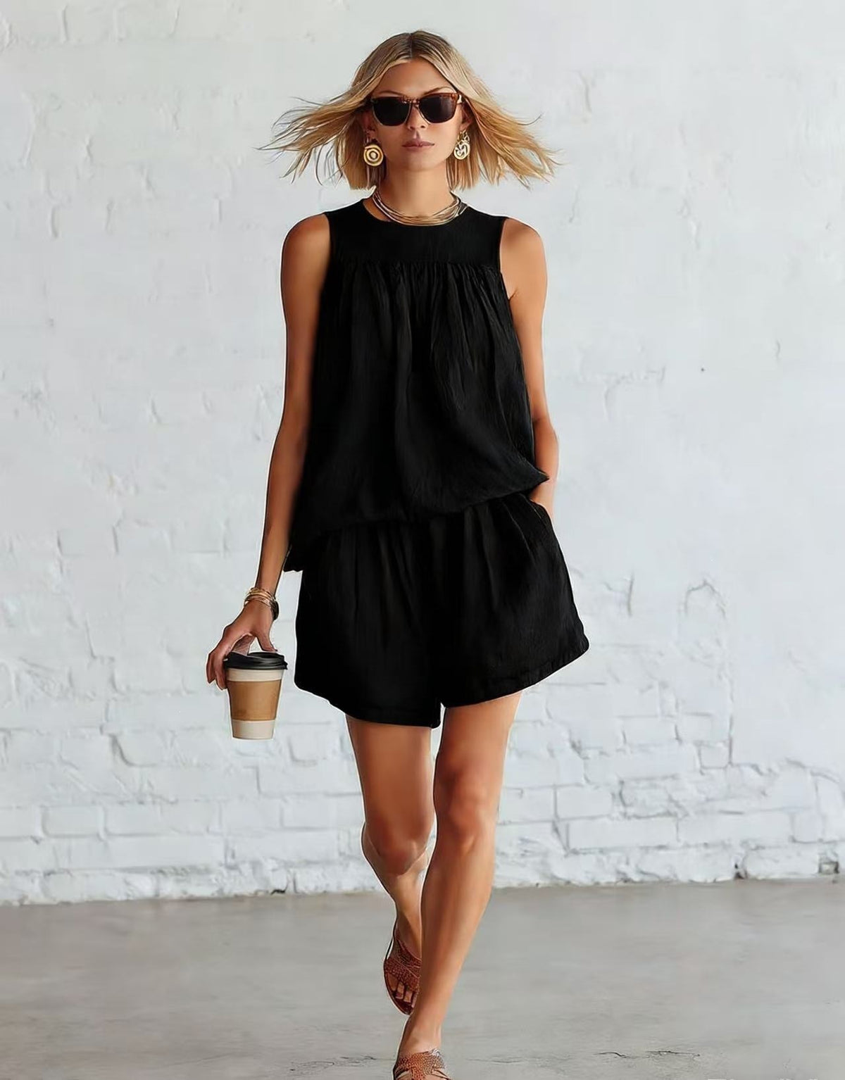 Retro Sleeveless Pleated Top And Wide-leg Shorts Set – Premium 0 | RICALOUX