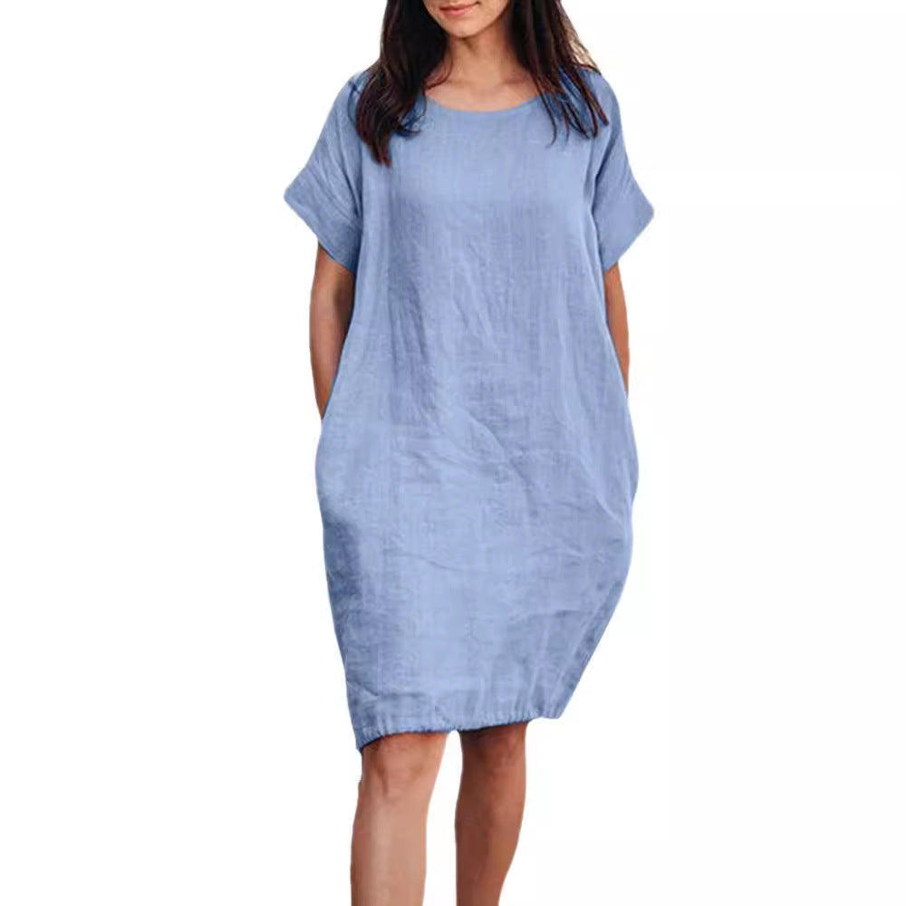 Casual Womens Solid-color Loose-fit Short-sleeve Cotton-linen Dress by Ricaloux