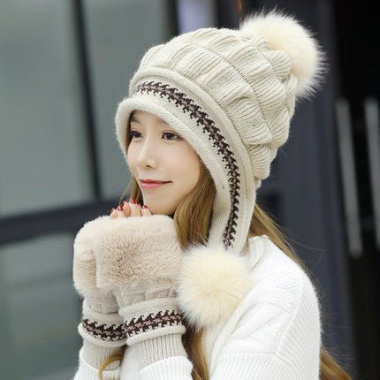 Cozy Knit Fleece-Feel Beanie With Ear Flaps & Pompom Warm Winter Hat For Women Perfect For Skiing & Outdoor Activities - RICALOUX