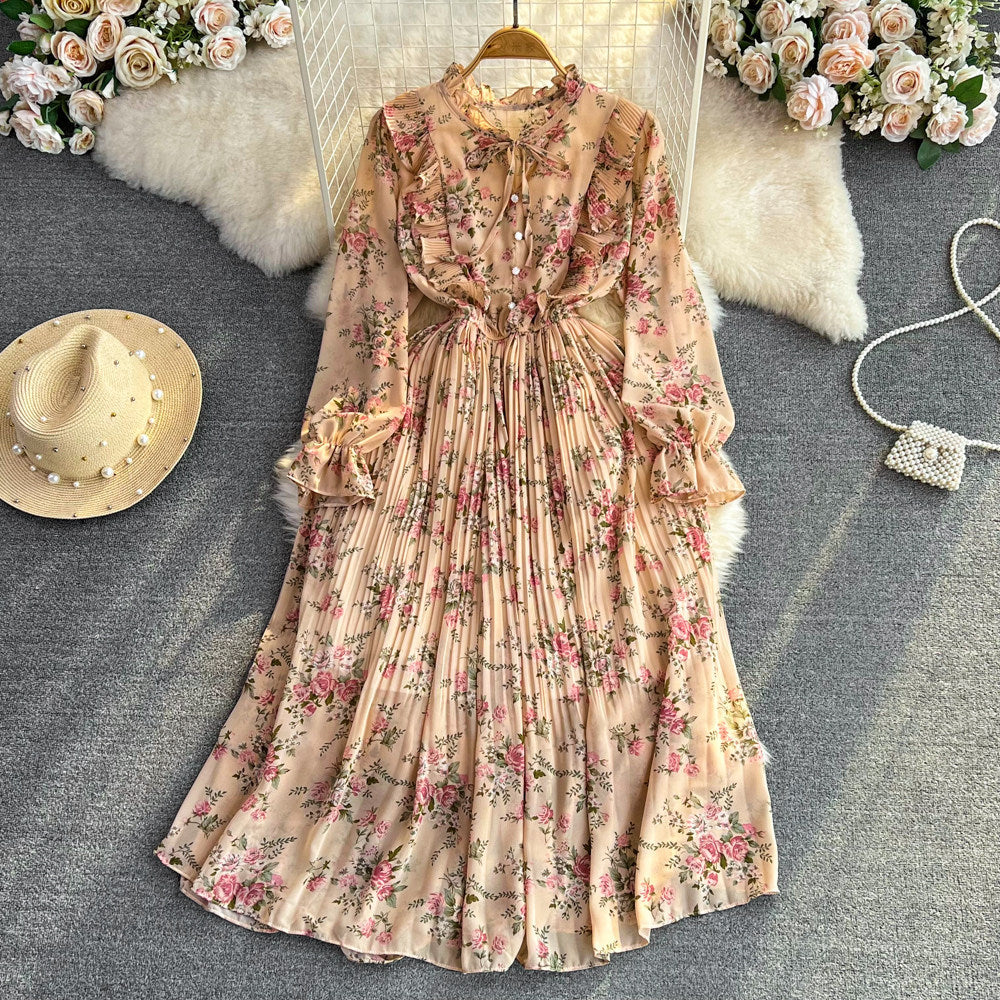 Womens Casual Round-neck Chiffon Dress With Ruffled Trim And Floral Print by Ricaloux