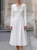 Elegant Boat-neck Satin Long-sleeve Waist-cinched Midi Evening Gown – Premium 0 | RICALOUX