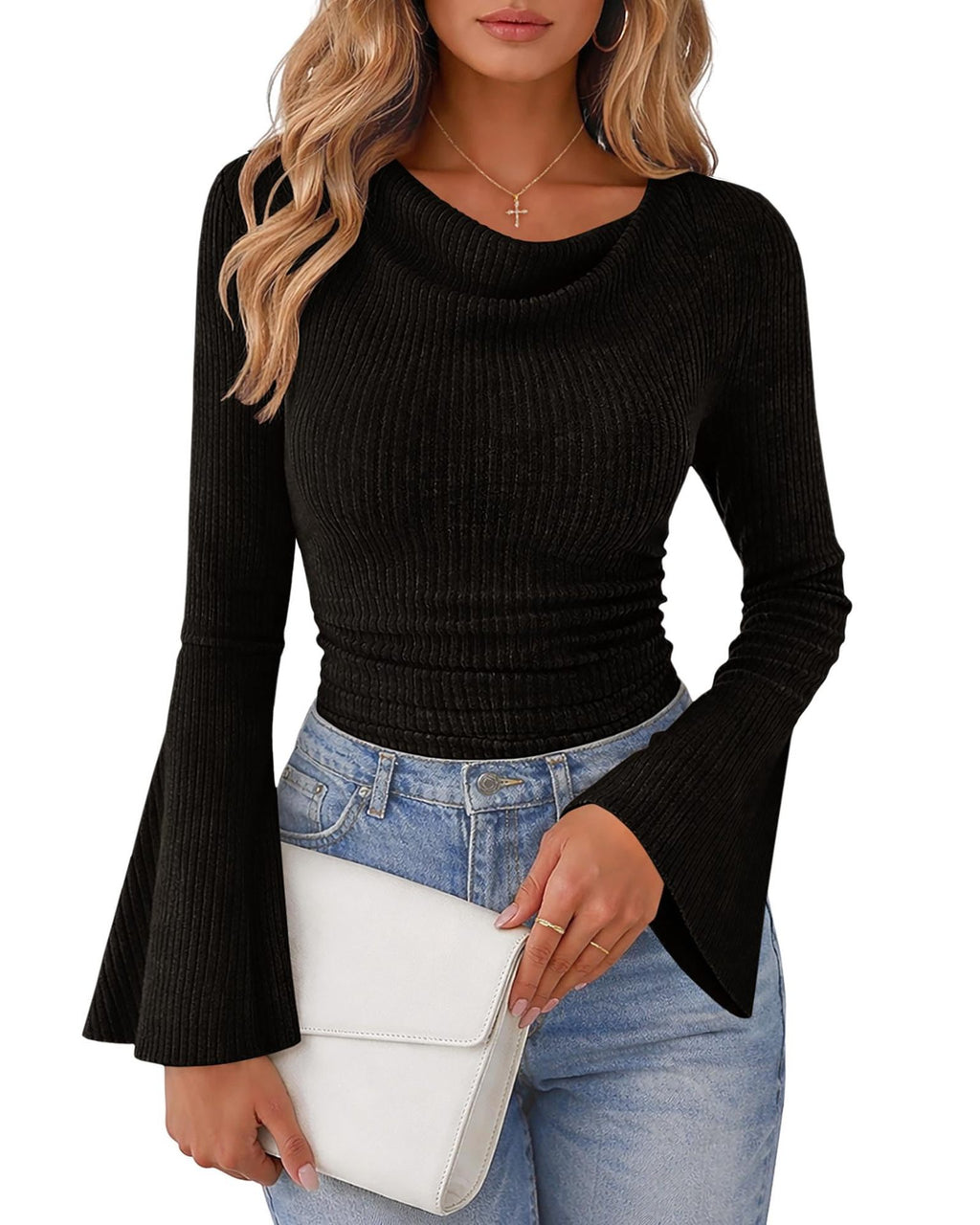 Womens Solid-Color Brushed T-Shirt With Flared Long Sleeves by Ricaloux