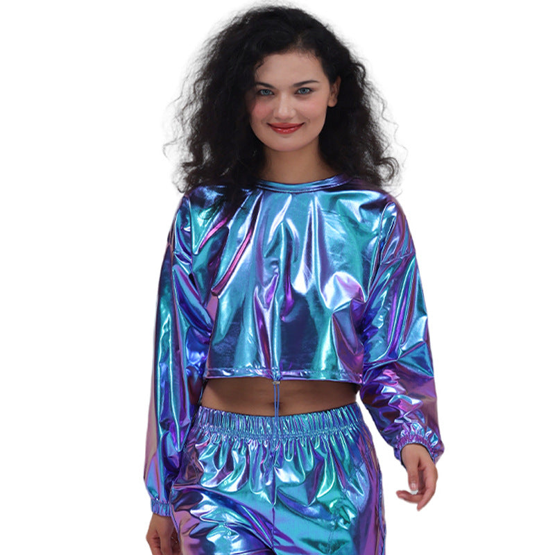 Long Sleeve Round Neck Drawstring Embossed Shiny Leather Sweatshirt – Premium 0 | RICALOUX
