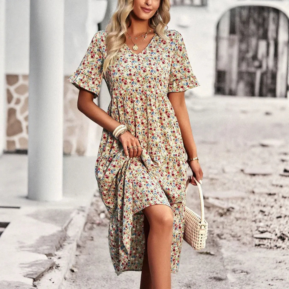 Casual Bohemian V-neck Short-sleeve Flowing Long Beach Dress by Ricaloux
