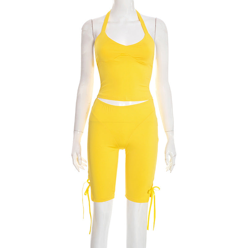 Womens Halterneck Strapless Tube Top And Bow-Knot Pants Solid-Color Set by Ricaloux
