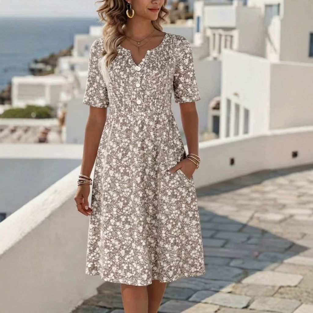 Womens Floral Print V-Neck Midi Dress With Short Sleeves – Premium 0 | RICALOUX