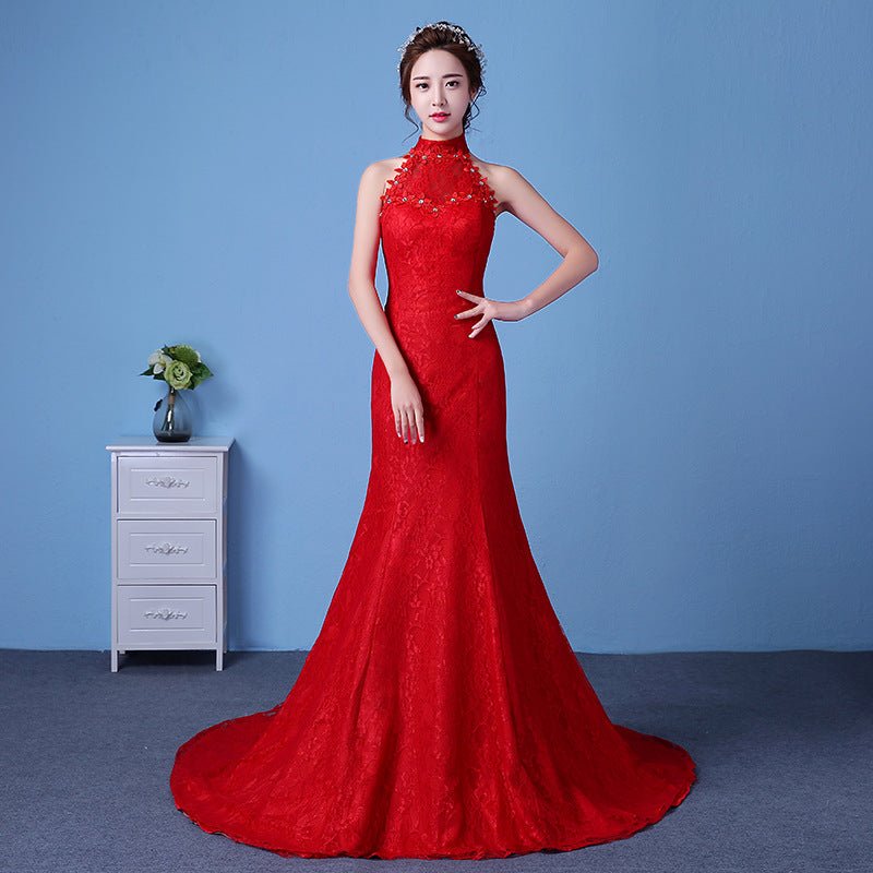 Big Red Wedding Dress Bride Large Size Waist Fishtail Wedding Dress Fishtail Tail Korean Hanging Neck - RICALOUX