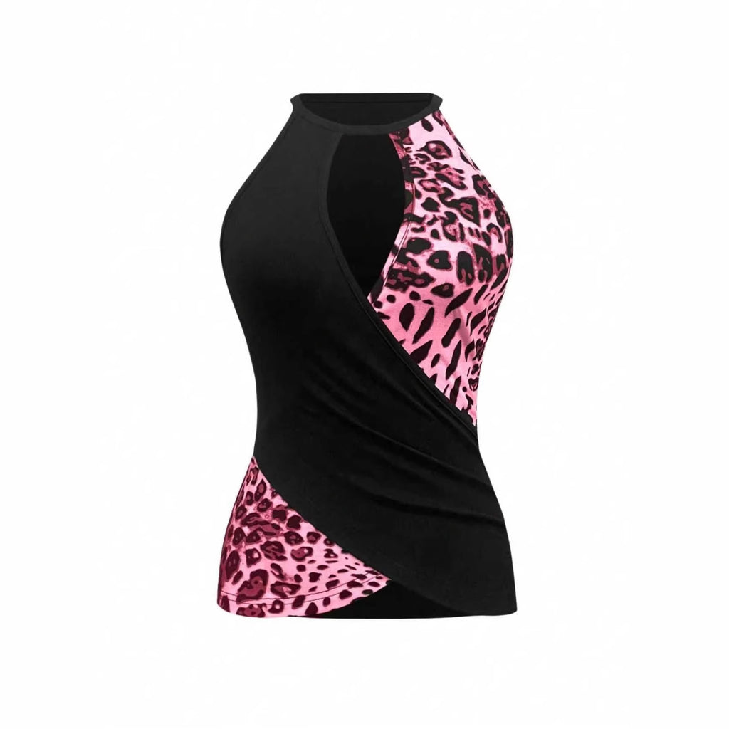 European And American-style Leopard-print Patchwork Halter Vest by Ricaloux