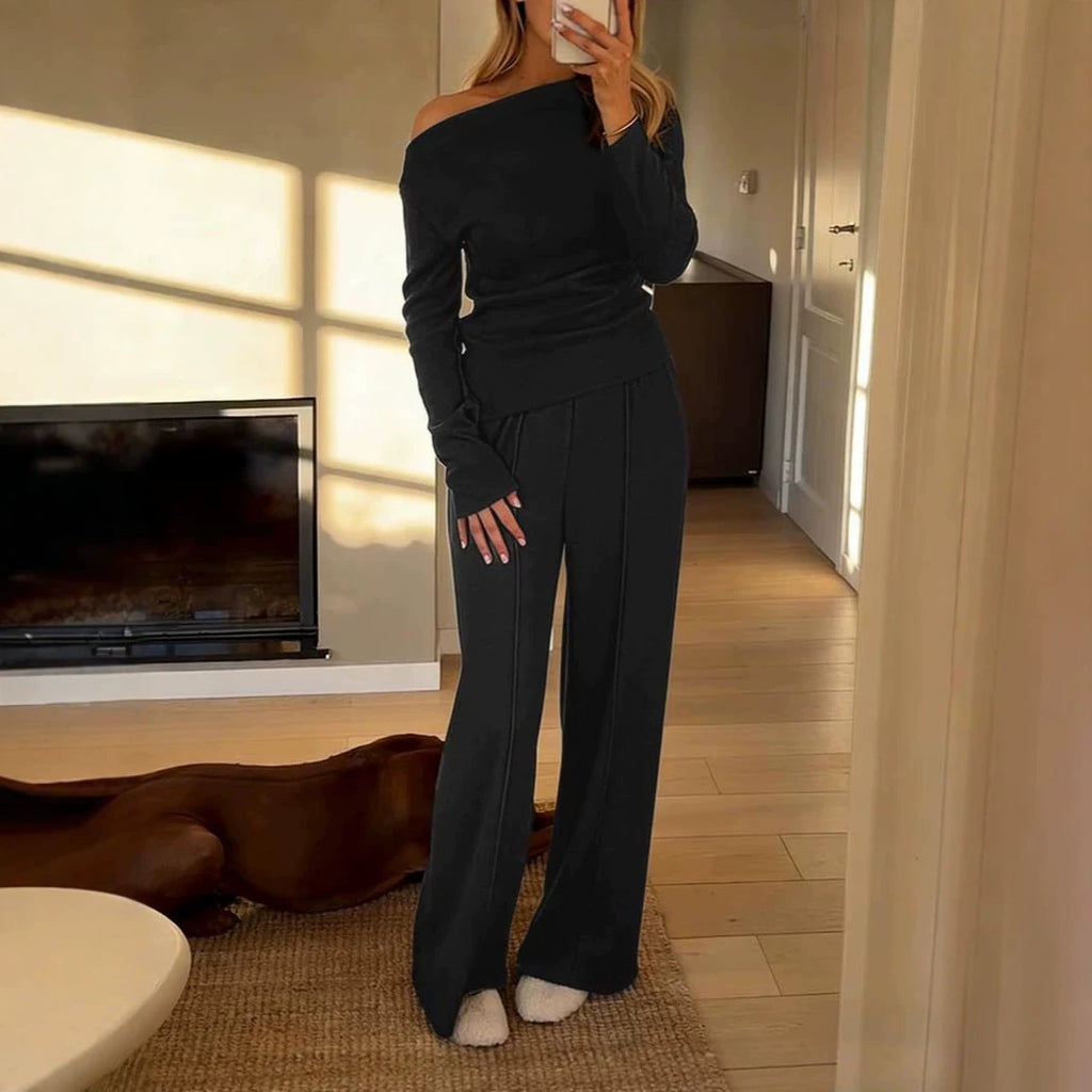 Womens Knitted Long-sleeve Off-shoulder Top And Wide-leg Pants Set by Ricaloux