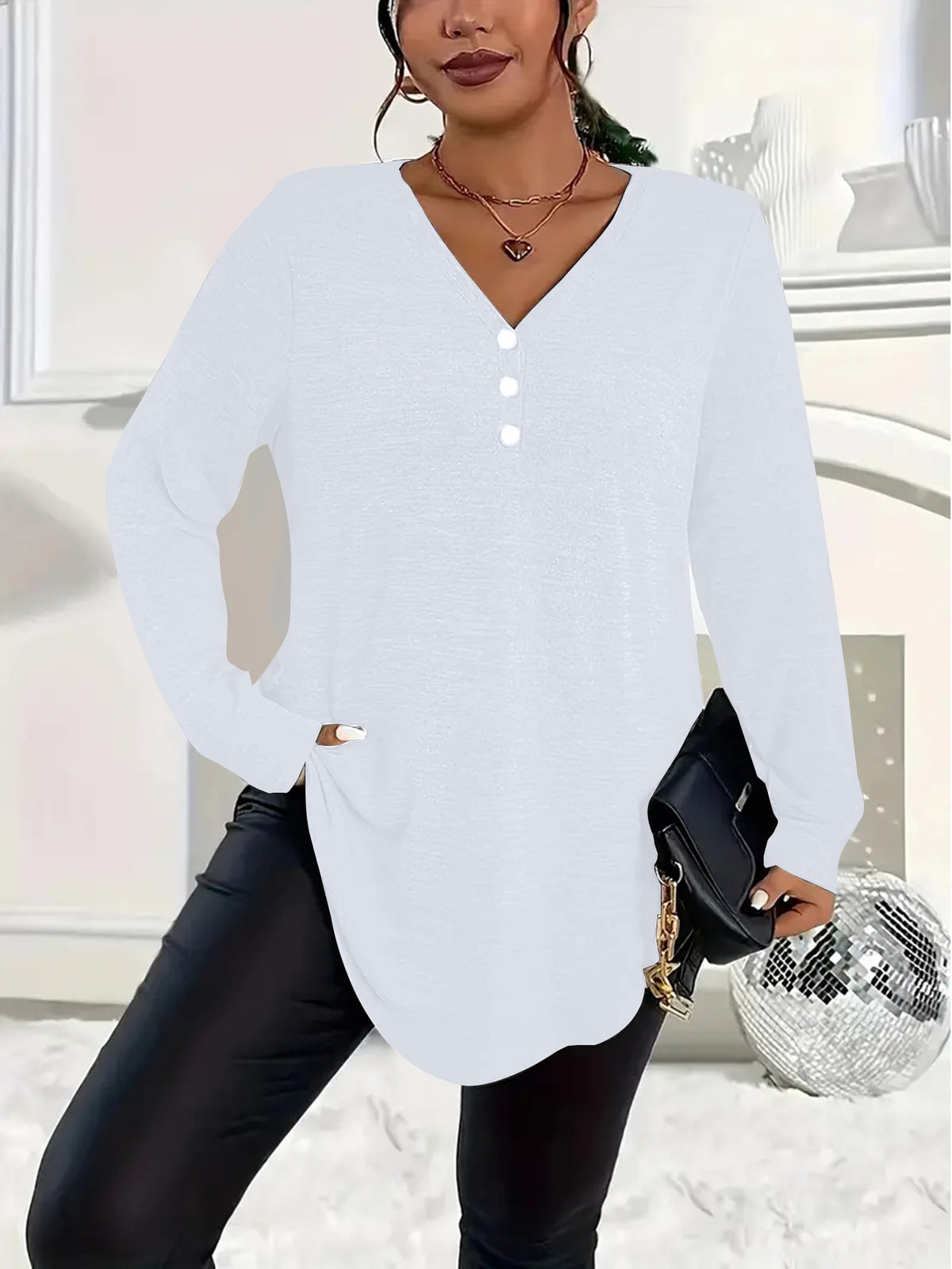Womens Plus-Size Solid-Color Long-Sleeve Top With Buttons – Premium 0 | RICALOUX